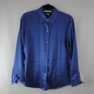 ALFANI Blouse 10 Blue 100% Silk Long Sleeve Button